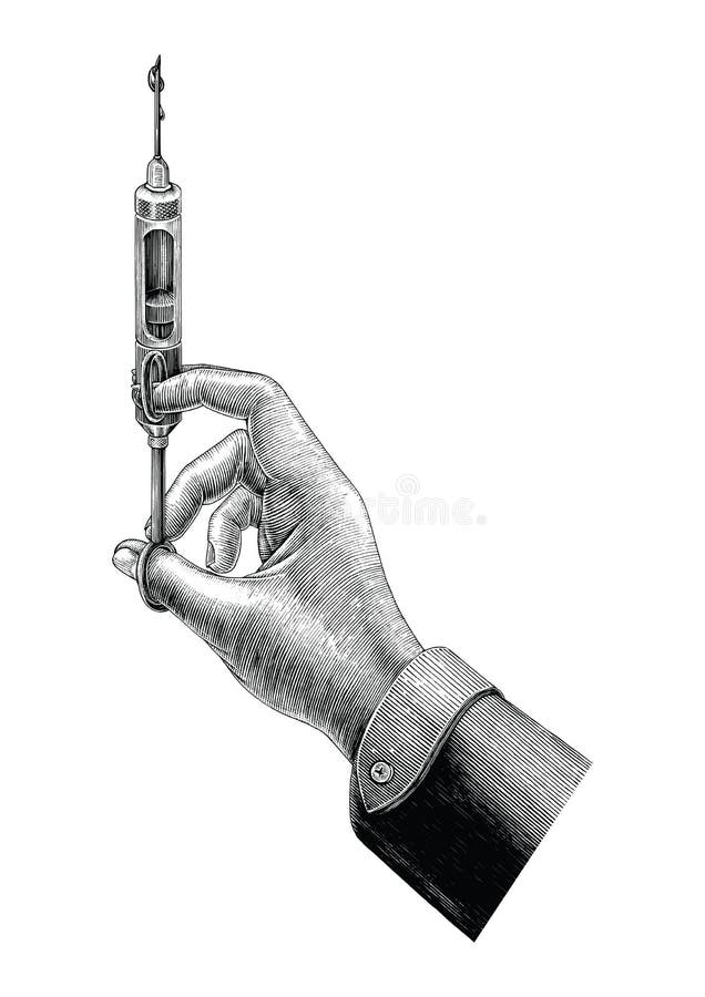 För medicininjektionsspruta för hand som hållande konst för gem för tappning isoleras på vit stock illustrationer