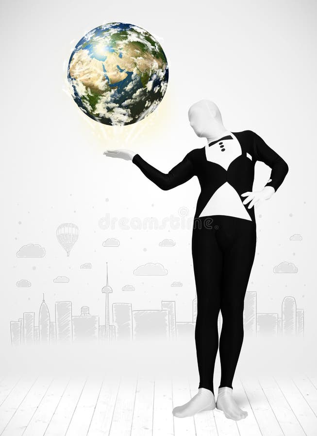 För oavkortad jord för planet kroppdräkt för man hållande vektor illustrationer För oavkortad jord för planet kroppdräkt för man hållande vektor illustrationer