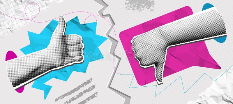 För- och konkollage. blandade medietumber upp och tummar ner handrörelser med talbubblor. recensionsbegrepp positivt stock illustrationer
