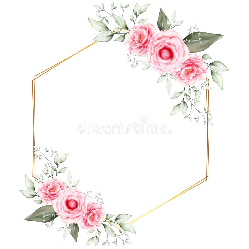 För rambröllop för vattenfärg blom- mall för kort för inbjudan med den geometriska guld- ramen Handteckningsblomman och filialer stock illustrationer