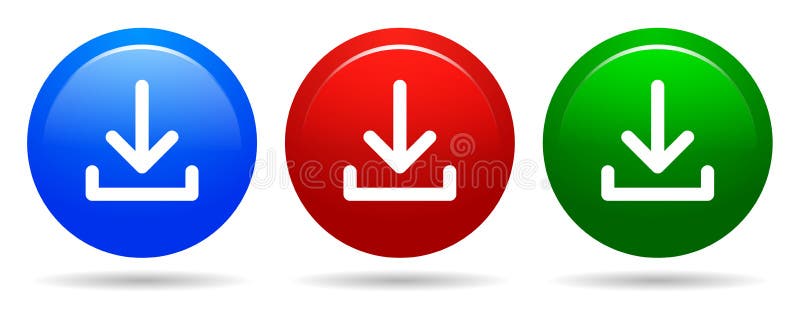 För röd för knapp för vektornedladdningrunda blå symbol och grön färg stock illustrationer För röd för knapp för vektornedladdningrunda blå symbol och grön färg stock illustrationer