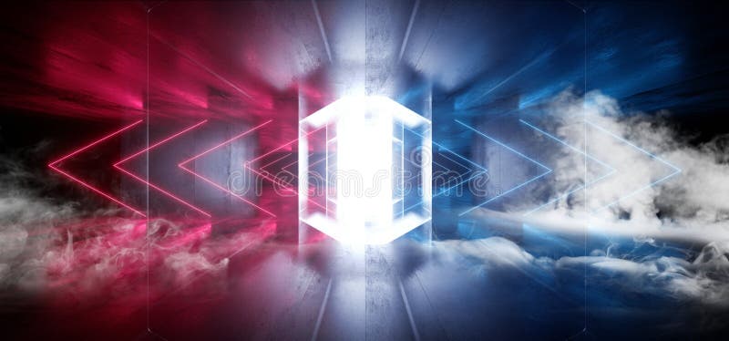 För Sci Fi för rök formar den futuristiska pilen för neon laser glödande konkret mörker för ljus vibrerande röd blå Grunge för et vektor illustrationer För Sci Fi för rök formar den futuristiska pilen för neon laser glödande konkret mörker för ljus vibrerande röd blå Grunge för et vektor illustrationer