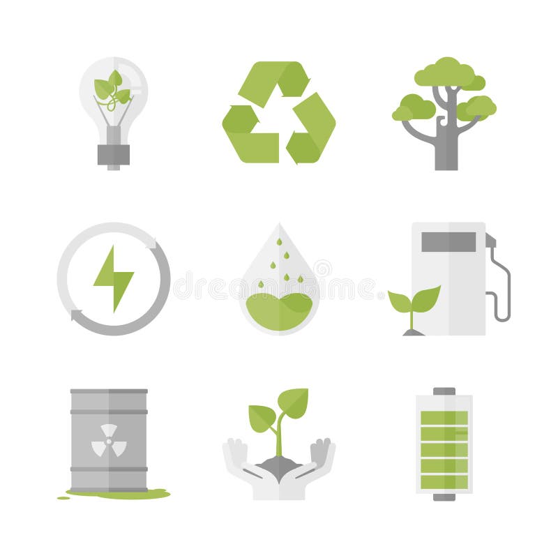 För skyddslägenhet för ren energi och ekologisymboler ställde in vektor illustrationer För skyddslägenhet för ren energi och ekologisymboler ställde in vektor illustrationer