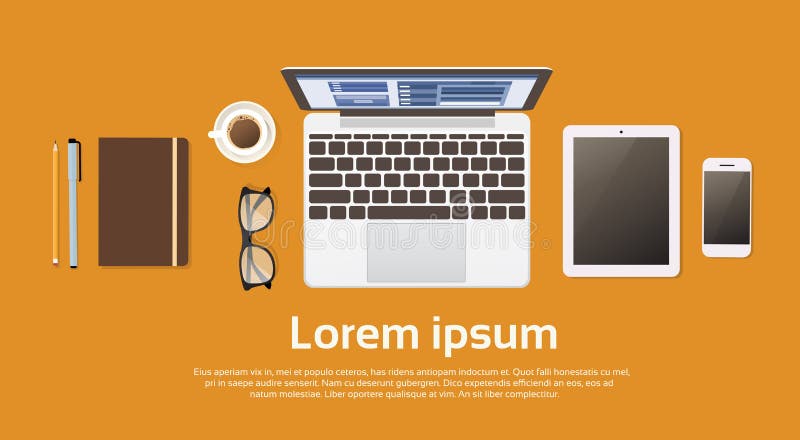 För Smart för cell för minnestavla för dator för arbetsplatsskrivbordbärbar dator utrymme för kopia för sikt för bästa vinkel för stock illustrationer
