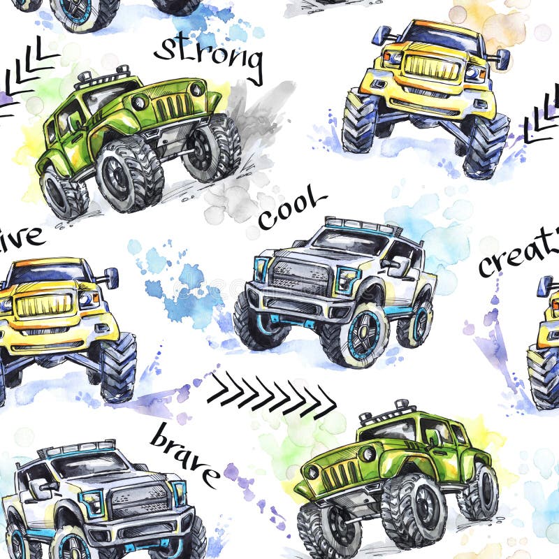 För sömlös gigantiska lastbilar modelltecknad film för vattenfärg Färgrik extrem sportbakgrund 4x4 Medel SUV av vägen royaltyfri illustrationer För sömlös gigantiska lastbilar modelltecknad film för vattenfärg Färgrik extrem sportbakgrund 4x4 Medel SUV av vägen royaltyfri illustrationer