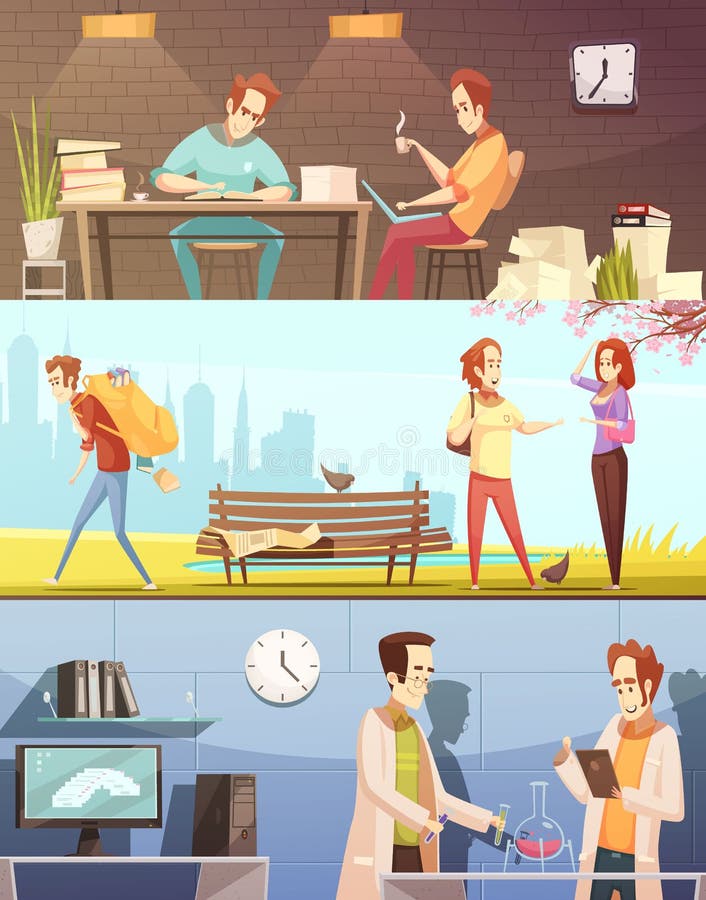 För tecknad filmbaner för studenter Retro uppsättning vektor illustrationer För tecknad filmbaner för studenter Retro uppsättning vektor illustrationer