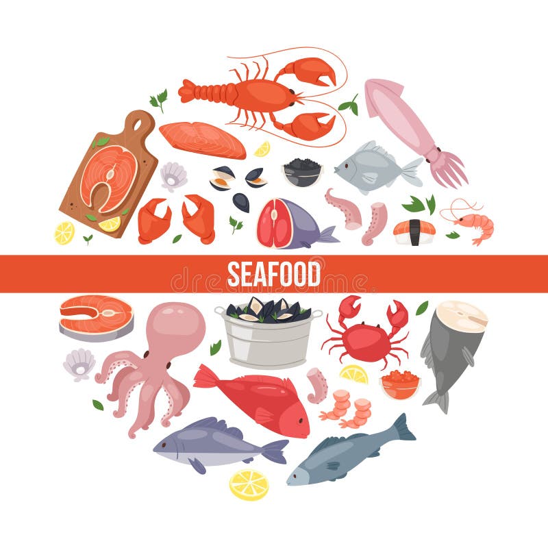 För tecknad filmbaner för skaldjur och för fisk plan illustration för vektor Fisklaxbiff med citronen, räka, tioarmad bläckfisk