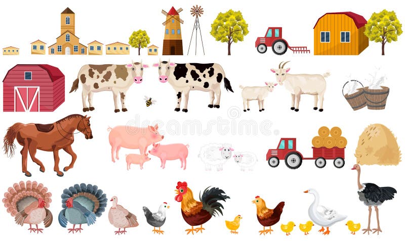 För uppsättningsamling för lantgård stor vektor Byn djur, traktorer, bearbetar illustrationen vektor illustrationer För uppsättningsamling för lantgård stor vektor Byn djur, traktorer, bearbetar illustrationen vektor illustrationer
