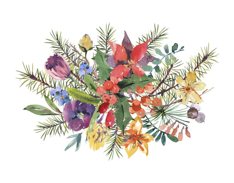 För vattenfärgjul för vinter blom- kort för hälsning med trädbranc vektor illustrationer För vattenfärgjul för vinter blom- kort för hälsning med trädbranc vektor illustrationer