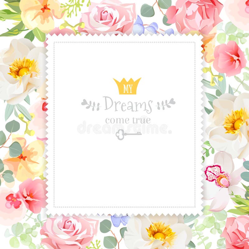 Rainbow floral square vector design frame. Orchid, rose, carnation flowers and bright summer green leaves. Spring backdrop template. Rainbow floral square vector design frame. Orchid, rose, carnation flowers and bright summer green leaves. Spring backdrop template.