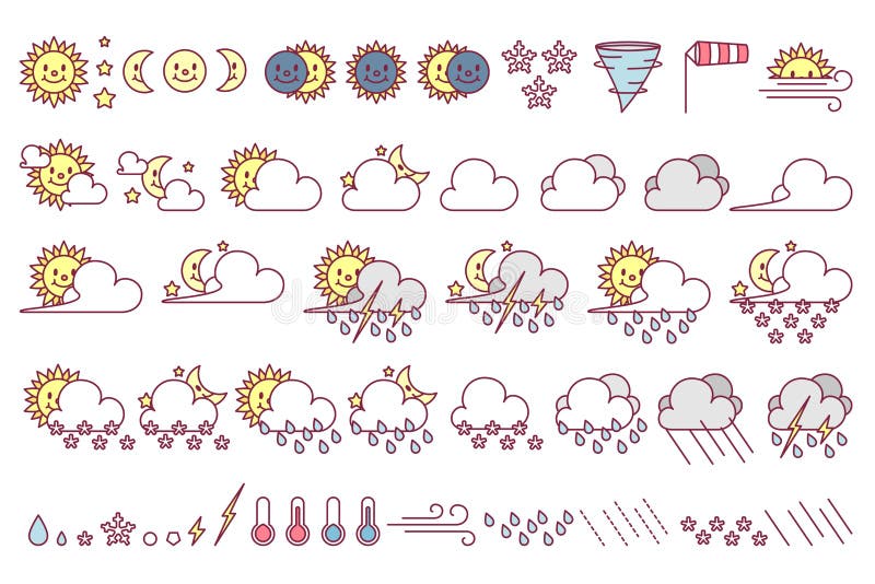 För vädersymboler för vektor gullig uppsättning stock illustrationer För vädersymboler för vektor gullig uppsättning stock illustrationer