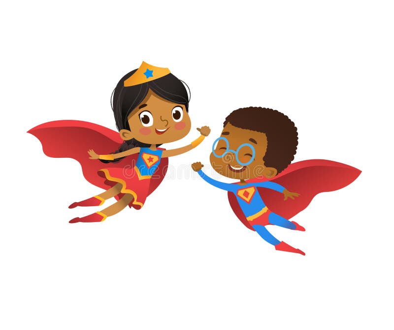 För väntecken för Superhero afrikansk vektor för par Den lyckliga pojken och flickan bär den roliga dräkten för dagiskarnevalpart vektor illustrationer