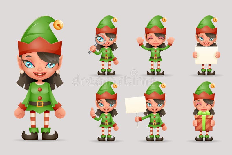 För älvajul för flicka gullig för Santa Teen Icons New Year vektor för fastställd design för symboler för tecken för tecknad film royaltyfri illustrationer För älvajul för flicka gullig för Santa Teen Icons New Year vektor för fastställd design för symboler för tecken för tecknad film royaltyfri illustrationer