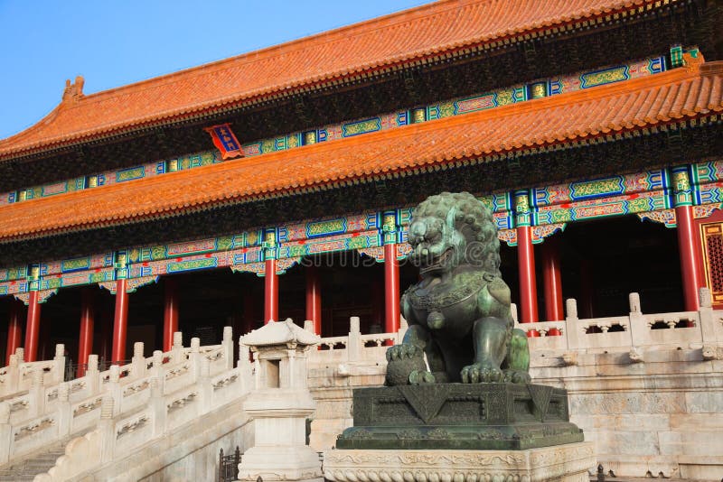 Guardian Lion in front of The Gate of Supreme Harmony. Forbidden City. Beijing. China. Guardian Lion in front of The Gate of Supreme Harmony. Forbidden City. Beijing. China