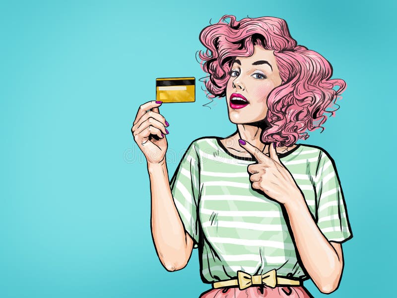 Förbluffa den sexiga kvinnavisningkreditkorten le för lady OMG royaltyfri illustrationer Förbluffa den sexiga kvinnavisningkreditkorten le för lady OMG royaltyfri illustrationer
