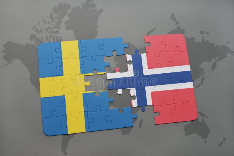 Förbrylla med nationsflaggan av Sverige och Norge på en världskartabakgrund vektor illustrationer Förbrylla med nationsflaggan av Sverige och Norge på en världskartabakgrund vektor illustrationer