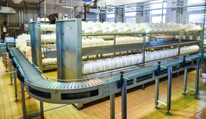 Förderband in einer Käsefabrik stockbilder Förderband in einer Käsefabrik stockbilder