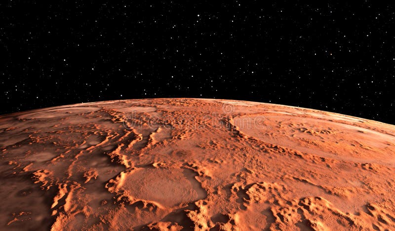 Mars - the red planet. Martian surface and dust in the atmosphere. 3D illustration. Mars - the red planet. Martian surface and dust in the atmosphere. 3D illustration