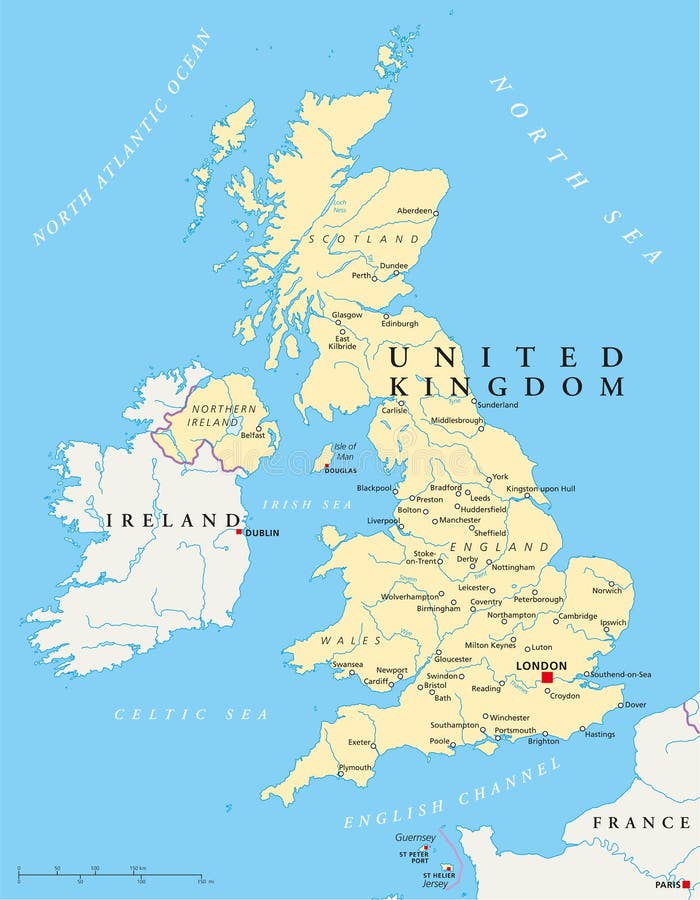 United Kingdom political map with capital London, national borders, most important cities, rivers and lakes. Country in Europe. Illustration with English labeling on white background. Vector. United Kingdom political map with capital London, national borders, most important cities, rivers and lakes. Country in Europe. Illustration with English labeling on white background. Vector.