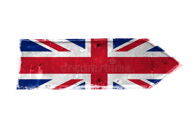 United Kingdom UK flag painted over arrow shape from a rusty and grunge metal iron plate with peeling coating and scratches texture isolated on a white background. United Kingdom UK flag painted over arrow shape from a rusty and grunge metal iron plate with peeling coating and scratches texture isolated on a white background.