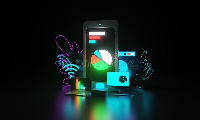 Företag och finanser, ikoner på en mörk bakgrund webbsida, smartphone Nålbelysning 3D-återgivning stock illustrationer