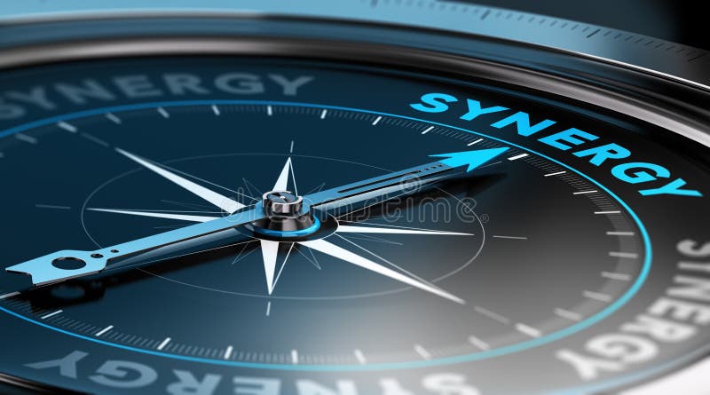 3D illustration of a compass with the needle pointing the word synergy. black background. 3D illustration of a compass with the needle pointing the word synergy. black background