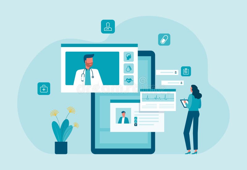 Affärsteknik, konsulttjänster för hälsoappar och design av telemedicin. Med kvinna som konsulterar läkare online stock illustrationer