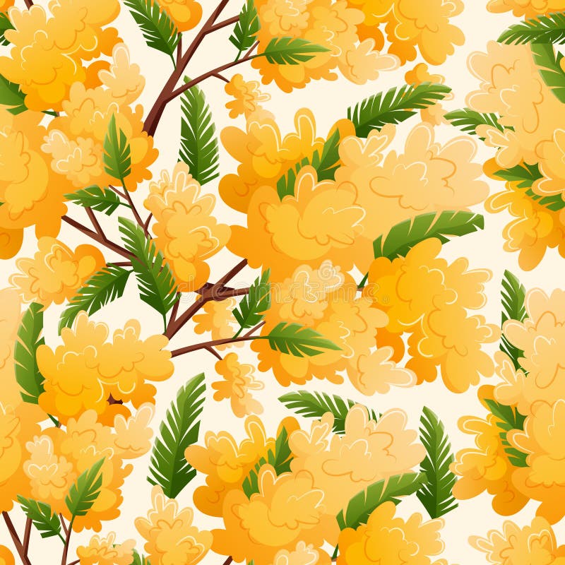 Förgrening med blad och ljusgul blomningsmimosa-planta. Sömlös blomkarikatyr utan vektor. stock illustrationer