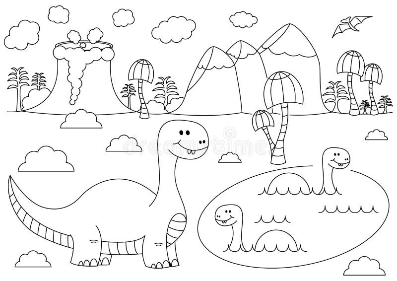 Förhistoriskt landskap med roliga tecknad filmdinosaurier - Brontosaurus i vattnet stock illustrationer Förhistoriskt landskap med roliga tecknad filmdinosaurier - Brontosaurus i vattnet stock illustrationer