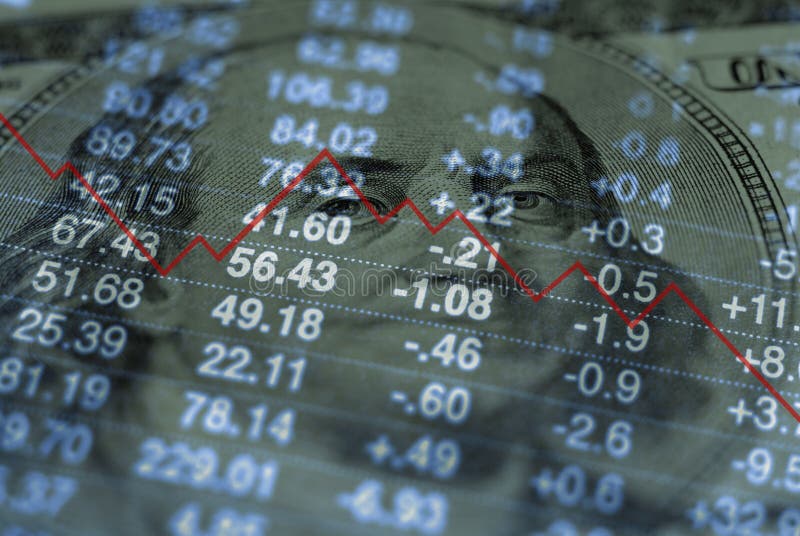 Closeup of hundred dollar bill with graph and stock chart in background showing losses. Closeup of hundred dollar bill with graph and stock chart in background showing losses