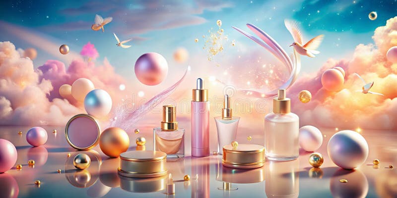 Förnimmad Makeup Collection Floating Cosmetics i en Dreamy Pastel Palette för ett surrealistiskt och häpnadsväckande utseende vektor illustrationer