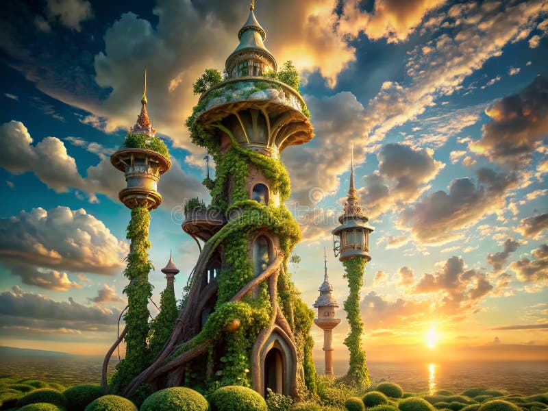 Förnyelse Architectural Fantasy A Giant Beanstalk Piercing the Sky a Fairytale Structure for the Imagination. Föreställ er en värld där drömmar tar fysisk form. Den här hisnande arkitekturmarvel fångar själva kärnan i en saga, en gigantisk bostalk som når fram till en levande fantastisk himmel. De invecklade detaljerna från lindningen, strukturerad boanstalk till den fantastiska byggnadsbäcken väcker en känsla av förundran och fantasi. Strukturen tycks trotsa allvaret i dess uppåtriktade bana som ett bevis på