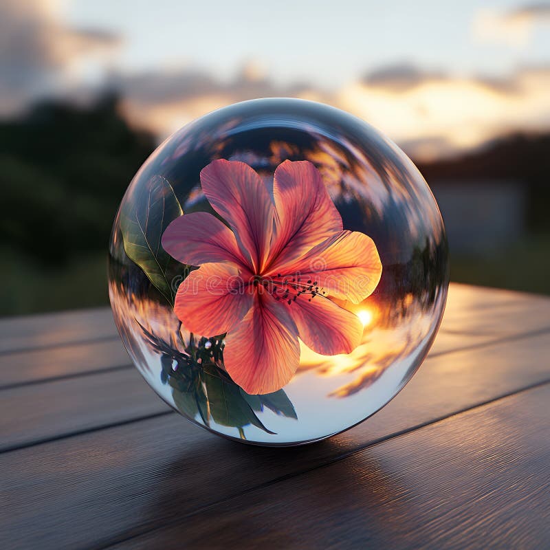 Förnyelse av Hibiscus Flower Inside Glass Orb vid solnedgångsfotografi royaltyfri illustrationer