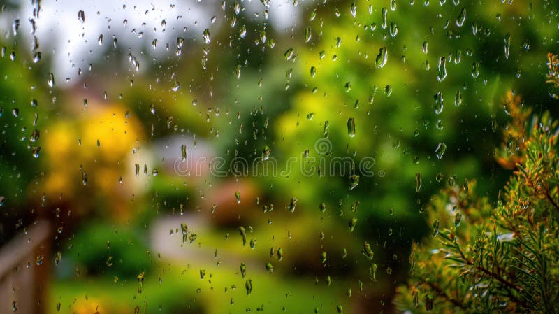 Försiktigt regn-kaskader nedåt i fönsterrutan som suddar ut den lush gröna folien och ett avlägset hus som skapar en fredlig lugni royaltyfri illustrationer