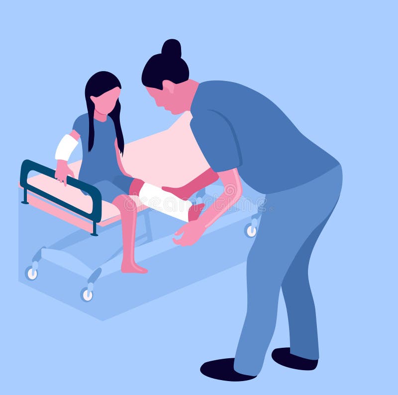 Första aidarm - och benfrakturer med gips eller ortopedisk gjutning. tillfälligt handikappat sorgligt barn med brutna armar och be royaltyfri illustrationer