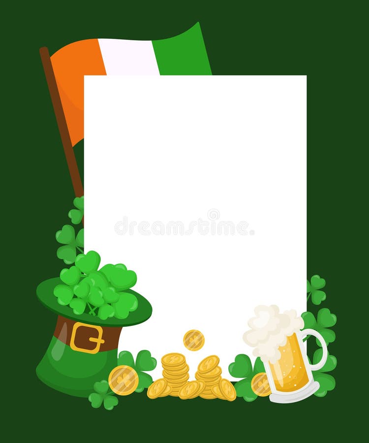 Första. Pälsdagram med grön leprechaun, ölglasirish flagga och schampbladen. vykortsbanderoll. royaltyfri illustrationer