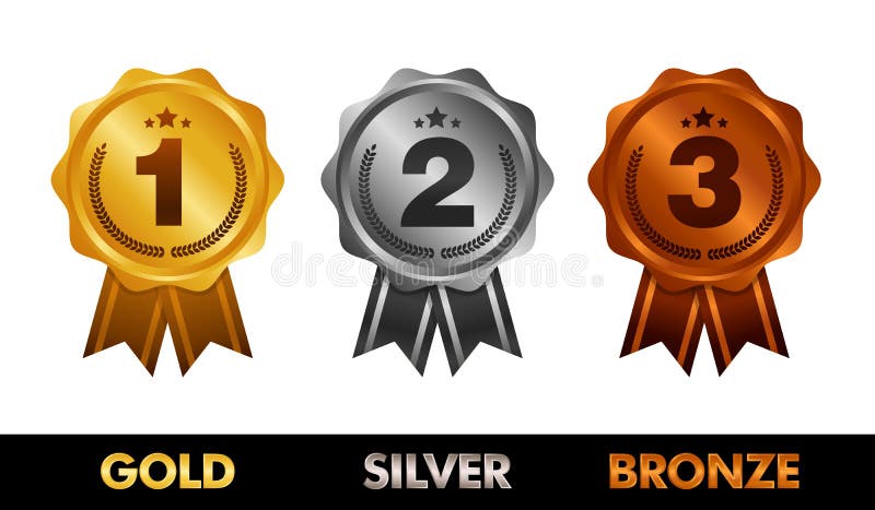 första ställe placera sig second placera thirden Utmärkelsemedaljuppsättning som isoleras på vit med band och stjärnor också vekt vektor illustrationer första ställe placera sig second placera thirden Utmärkelsemedaljuppsättning som isoleras på vit med band och stjärnor också vekt vektor illustrationer