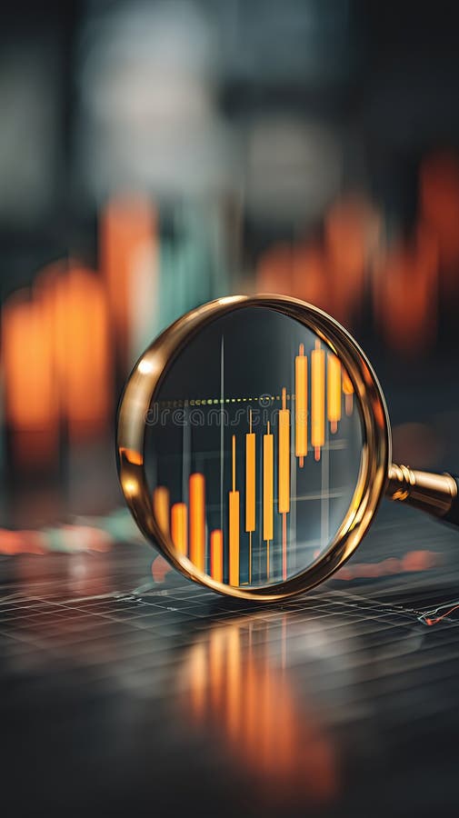 Förstoringsglaset framhäver affärstillväxtdiagram med ljusorange staplar som symboliserar analys stock illustrationer