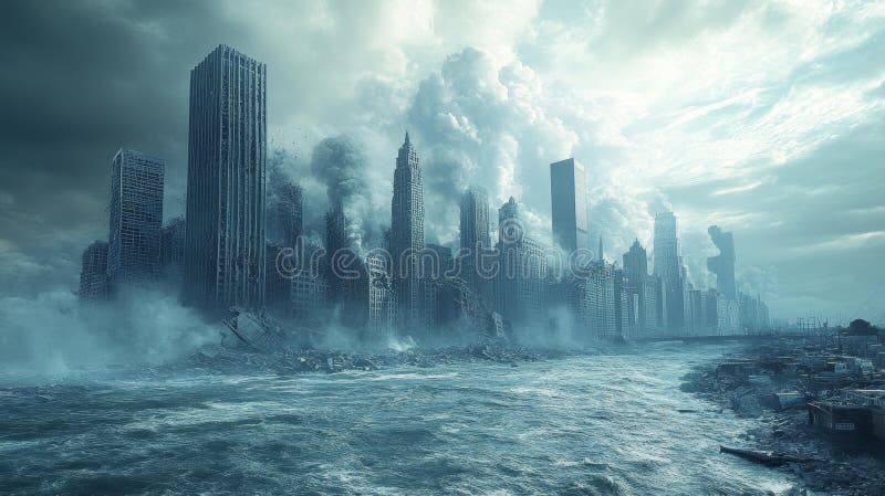 Förstört Modern City med förstörda byggnader och Collapsing Skyline vektor illustrationer