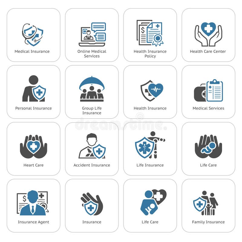 Försäkring och symbolsuppsättning för medicinsk service stock illustrationer