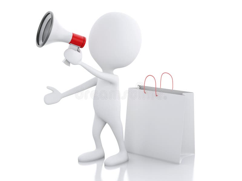 försäljningsmeddelande för man 3d med megafonen och shoppingpåsen vektor illustrationer försäljningsmeddelande för man 3d med megafonen och shoppingpåsen vektor illustrationer
