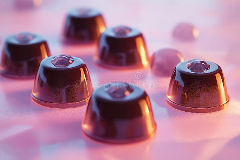 Förtjusande chokladbehandlingar som glimmar under mjukt ljus vid solnedgång generativ AI. En samling vackert utformade chokladkragar sitter elegant på en jämn ytskiktad varm reflektion när mjukt ljus framhäver deras rika texturer. Indulgence väntar de närliggande
