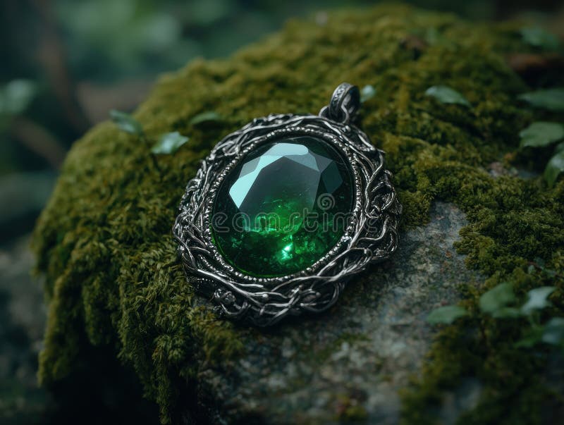 Förtjusande emerald pendant i ornate silver-ställning royaltyfri illustrationer