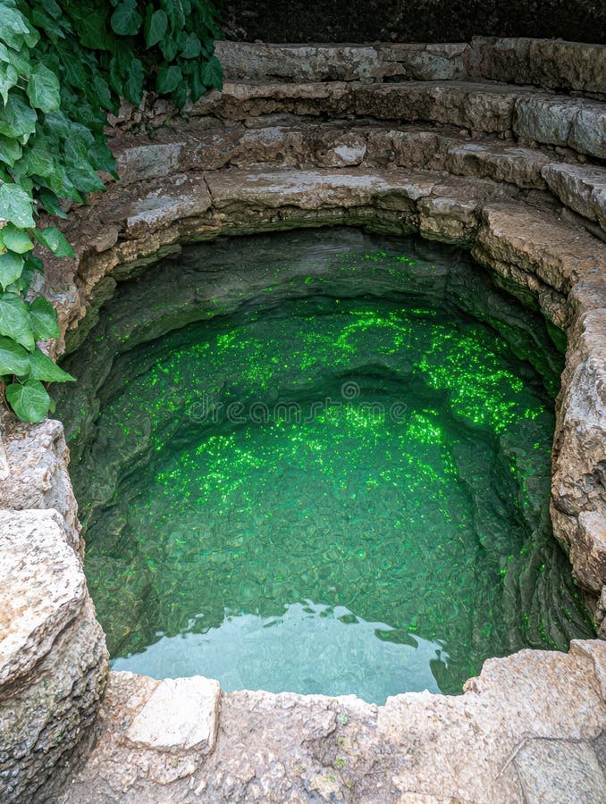 Förtjusande emerald pool i lush Forest Grotto stock illustrationer
