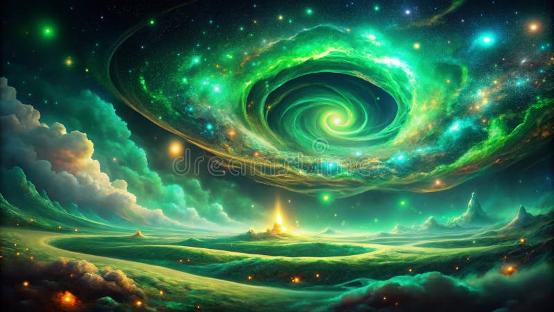 Förtjusande smaragdglöd en abstrakt mörkerbakgrund med mystisk grön energi och fantasy aurora royaltyfri illustrationer