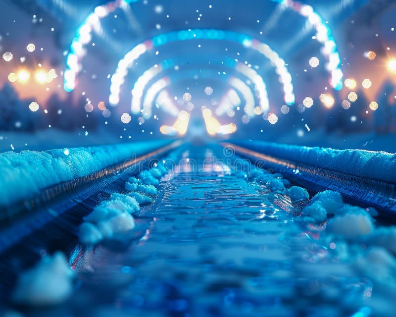 Förtjusande vinterbergslätten belyst snötunneln med festljus och gnistrande snöfall mitt i vintern royaltyfri illustrationer