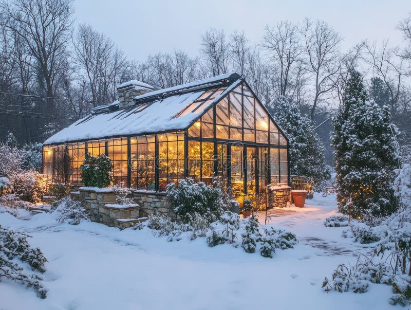 Förtjusande vinterträdgård med ett mysigt lyst växthusläge med ett snöslandskap med kluvande arkivbilder