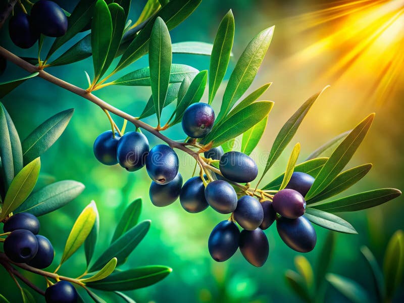 Förtrollade svarta oliver på en levande grön gren ett drömlikt botaniskt liv stock illustrationer