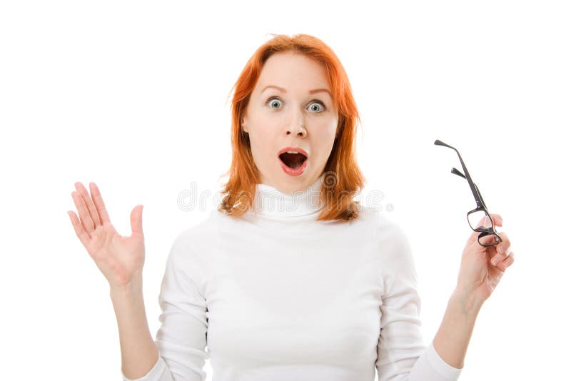 förvånad red för flickaexponeringsglashår slitage royaltyfria foton förvånad red för flickaexponeringsglashår slitage royaltyfria foton