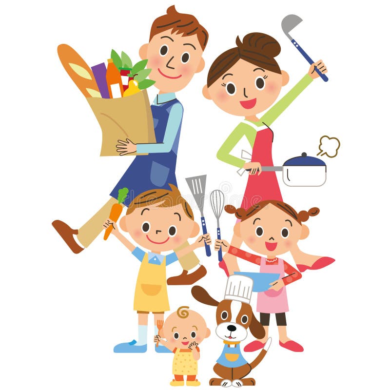 Treutveckling Familj Som Tycker Om Att Laga Mat Vektor Illustrationer